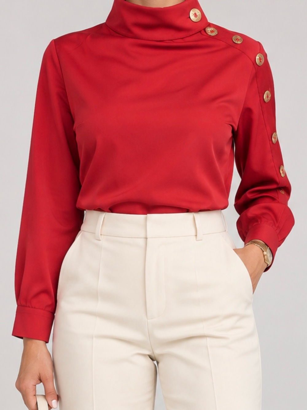 Brand new Red blouse with gold Button - Mock Neck